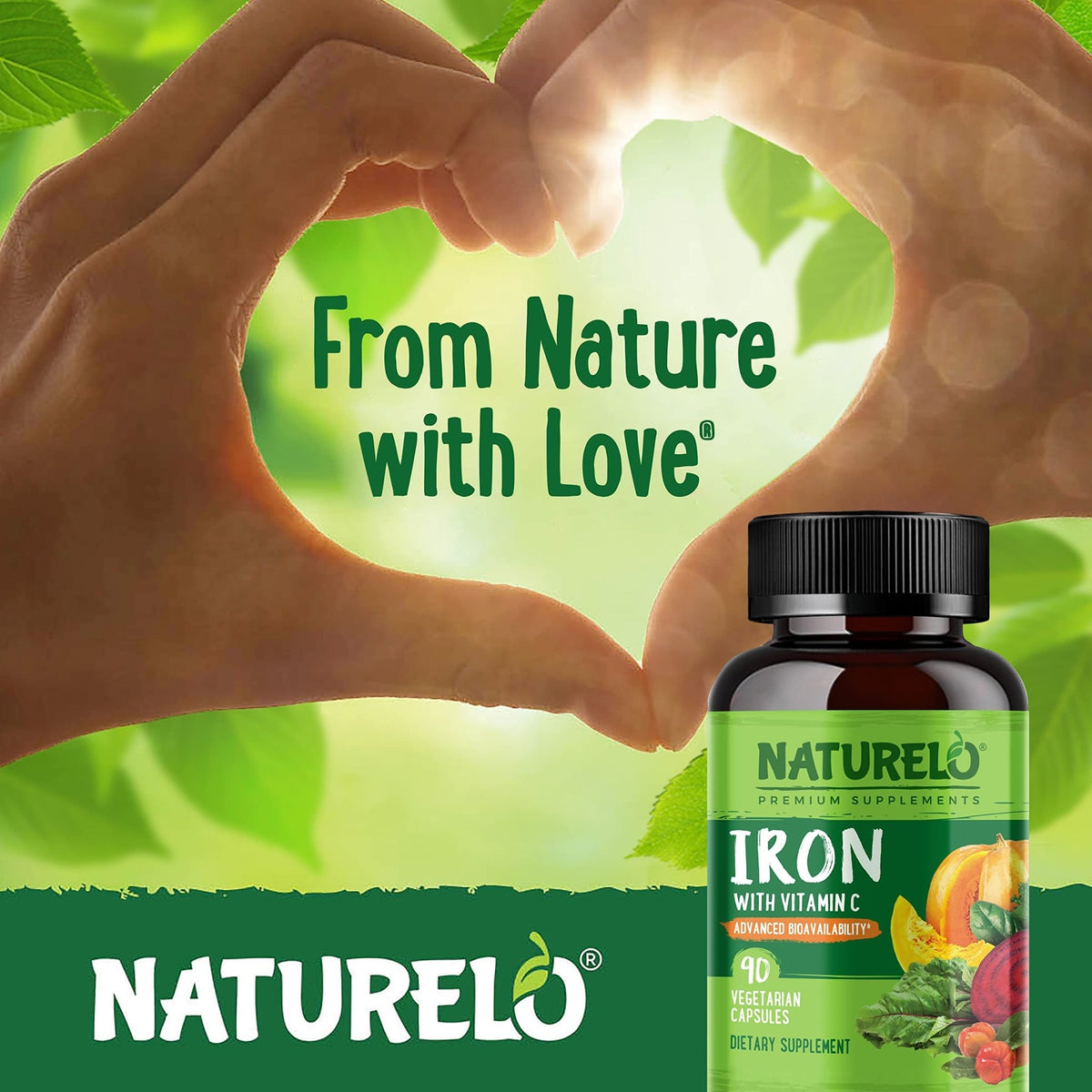 NATURELO Vegan Iron Supplement with Vitamin C and Organic Whole Foods - Gentle Iron Pills for Women & Men with Iron Deficiency Including Pregnancy - FENGGESTORE20