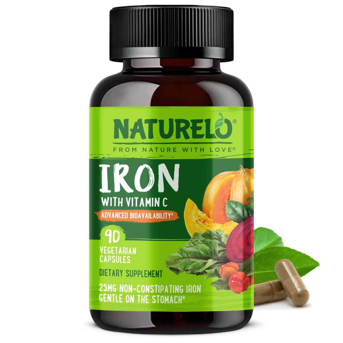 NATURELO Vegan Iron Supplement with Vitamin C and Organic Whole Foods - Gentle Iron Pills for Women & Men with Iron Deficiency Including Pregnancy - FENGGESTORE20