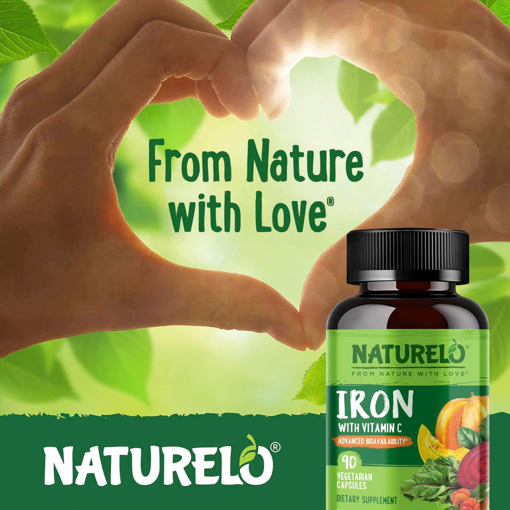 NATURELO Vegan Iron Supplement with Vitamin C and Organic Whole Foods - Gentle Iron Pills for Women & Men with Iron Deficiency Including Pregnancy - FENGGESTORE20