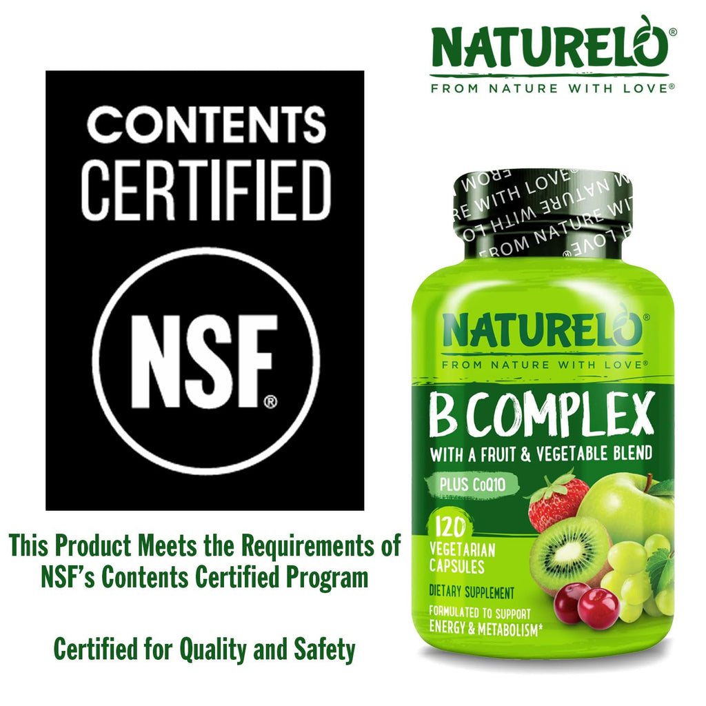 NATURELO Vitamin B Complex,120 Capsules, Vegan, CoQ10, Methyl Folate, Biotin, Fruit & Veg Blend, Supports Energy and Healthy Stress Response - FENGGESTORE20