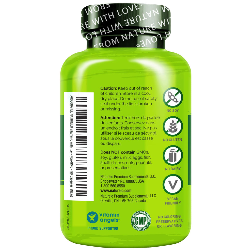 NATURELO Vitamin C with Organic Acerola Cherry Extract and Citrus Bioflavonoids - Vegan Supplement - Immune Support - 500 mg VIT C per Cap - FENGGESTORE20
