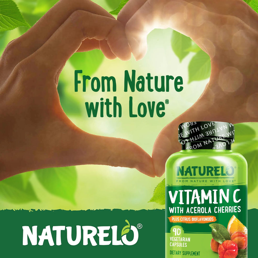 NATURELO Vitamin C with Organic Acerola Cherry Extract and Citrus Bioflavonoids - Vegan Supplement - Immune Support - 500 mg VIT C per Cap - FENGGESTORE20