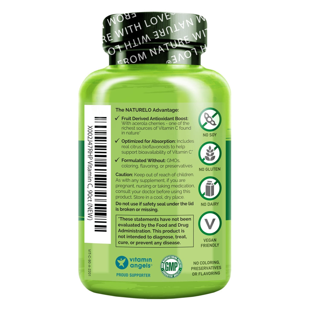 NATURELO Vitamin C with Organic Acerola Cherry Extract and Citrus Bioflavonoids - Vegan Supplement - Immune Support - 500 mg VIT C per Cap - FENGGESTORE20