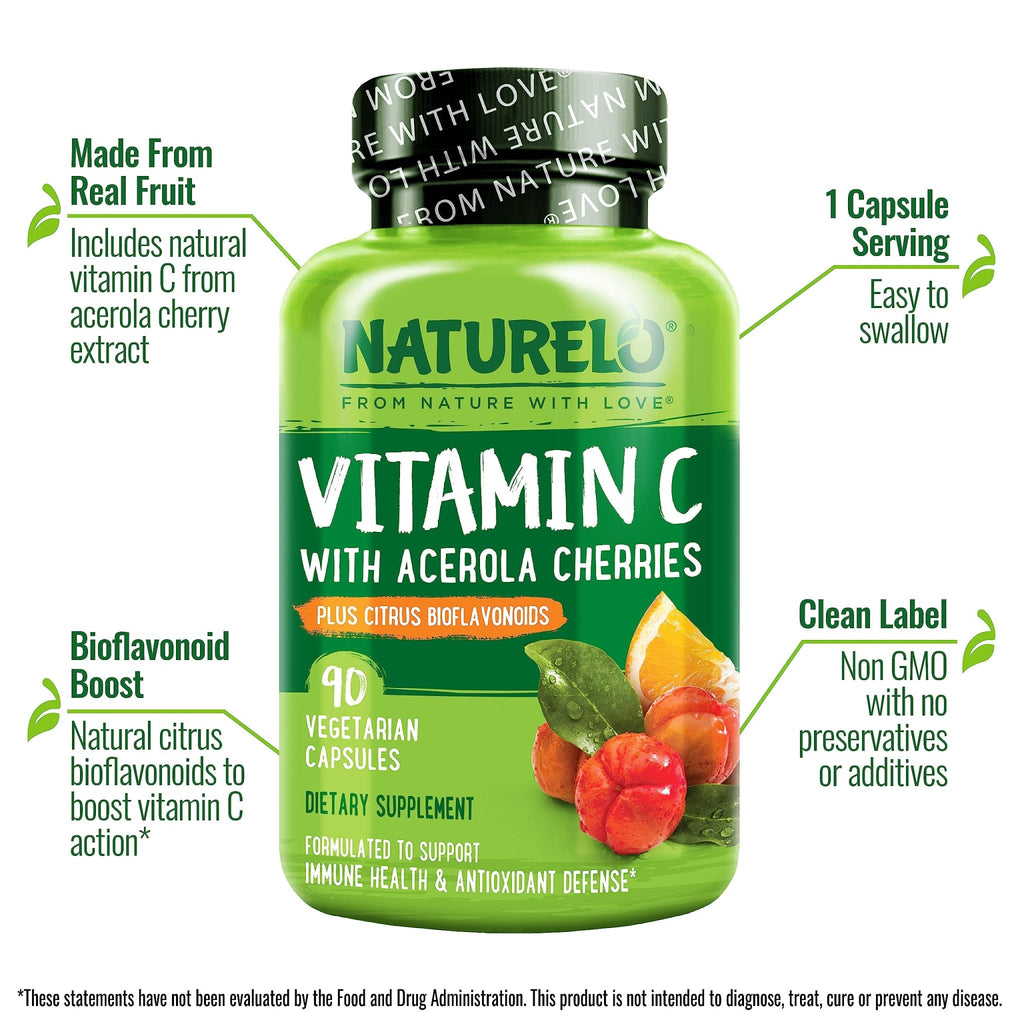 NATURELO Vitamin C with Organic Acerola Cherry Extract and Citrus Bioflavonoids - Vegan Supplement - Immune Support - 500 mg VIT C per Cap - FENGGESTORE20