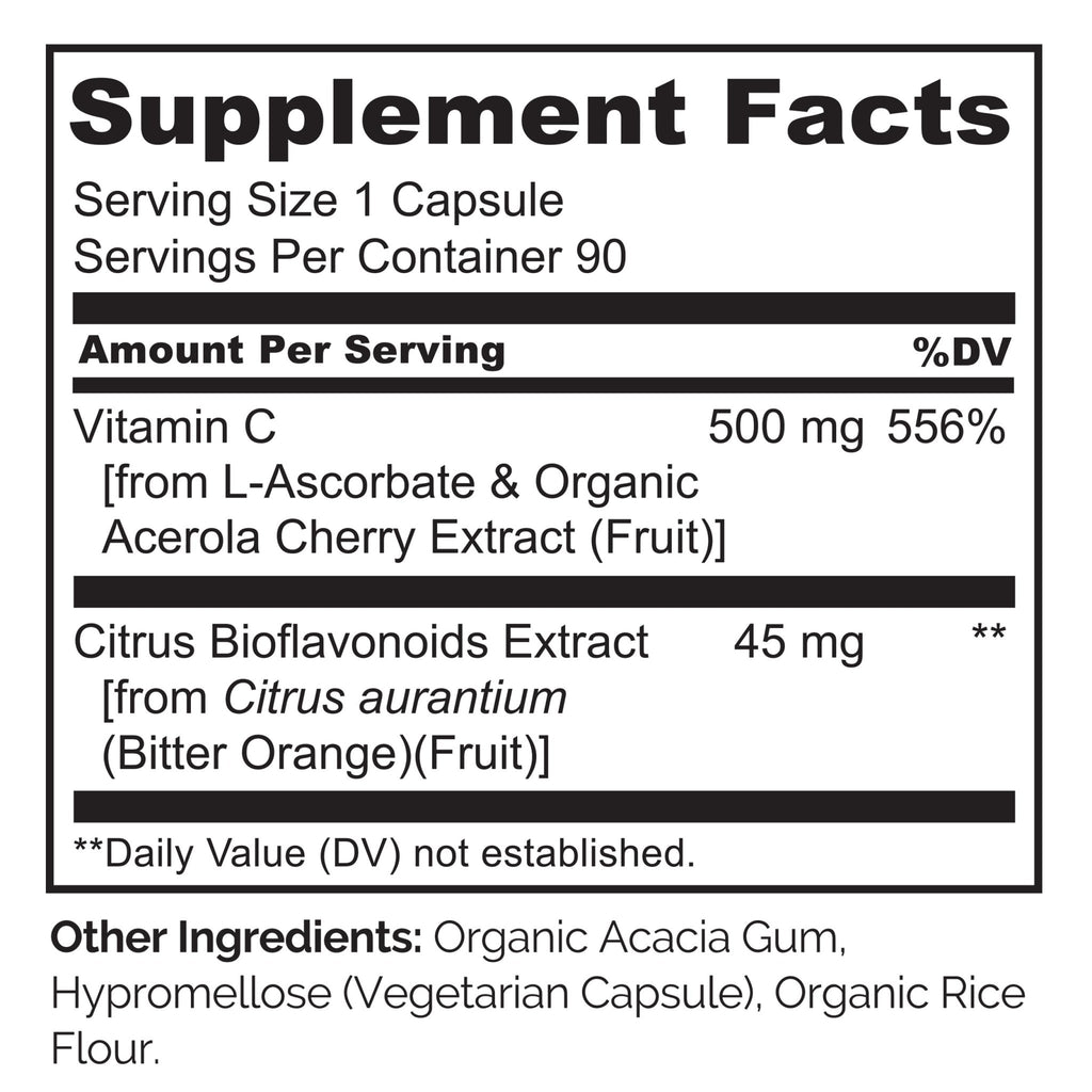 NATURELO Vitamin C with Organic Acerola Cherry Extract and Citrus Bioflavonoids - Vegan Supplement - Immune Support - 500 mg VIT C per Cap - FENGGESTORE20