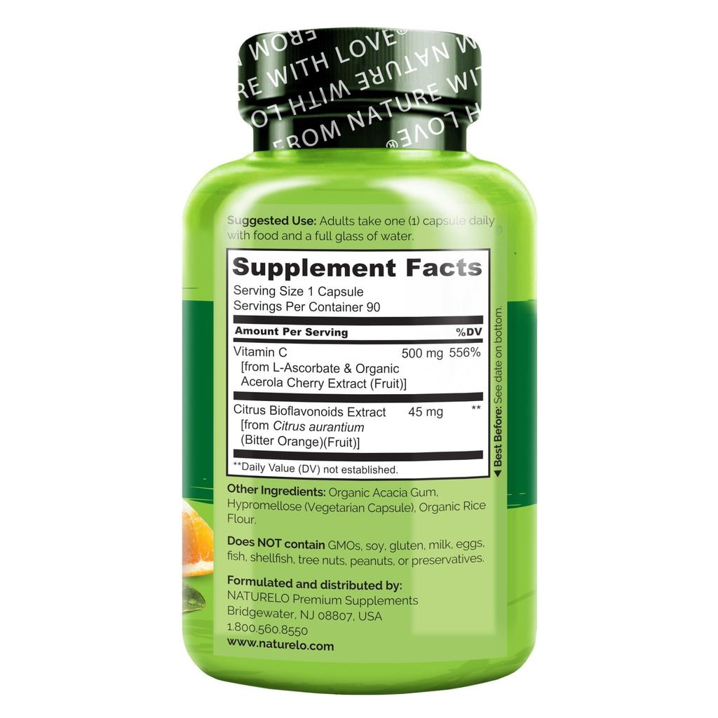NATURELO Vitamin C with Organic Acerola Cherry Extract and Citrus Bioflavonoids - Vegan Supplement - Immune Support - 500 mg VIT C per Cap - FENGGESTORE20