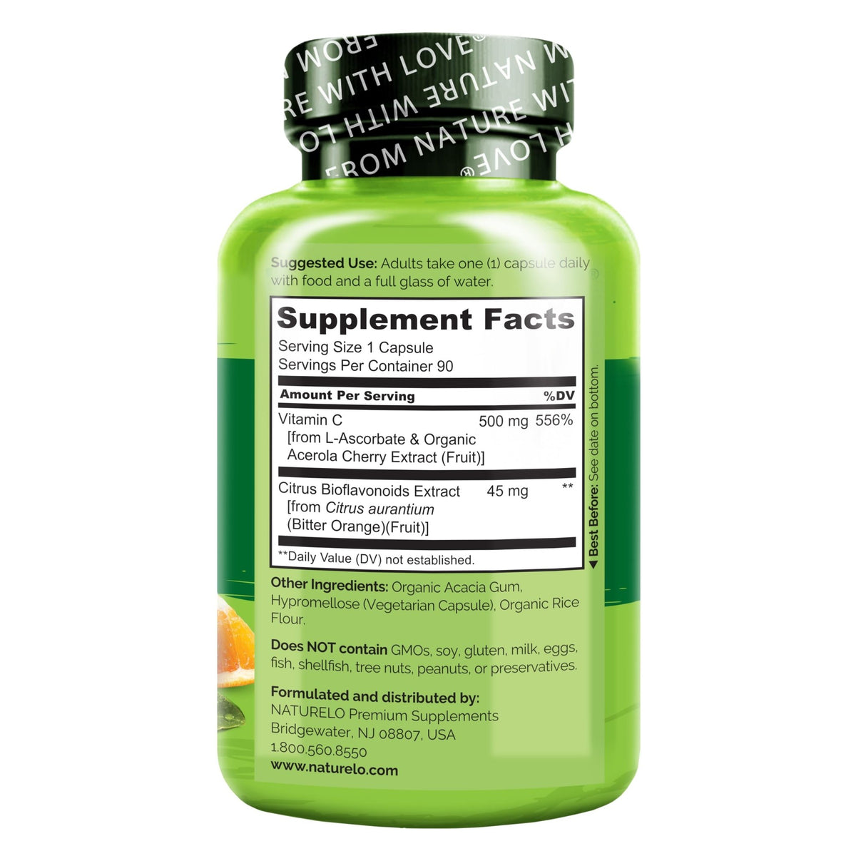 NATURELO Vitamin C with Organic Acerola Cherry Extract and Citrus Bioflavonoids - Vegan Supplement - Immune Support - 500 mg VIT C per Cap - FENGGESTORE20