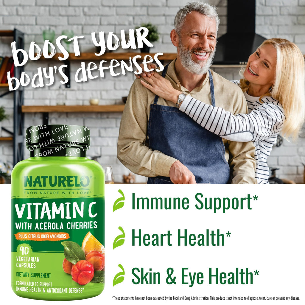 NATURELO Vitamin C with Organic Acerola Cherry Extract and Citrus Bioflavonoids - Vegan Supplement - Immune Support - 500 mg VIT C per Cap - FENGGESTORE20