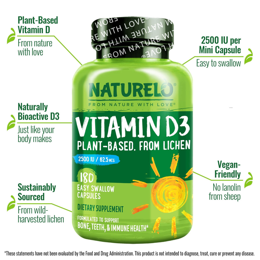 NATURELO Vitamin D - 2500 IU - Plant Based from Lichen - Natural D3 Supplement for Immune System, Bone Support, Joint Health - Vegan - FENGGESTORE20