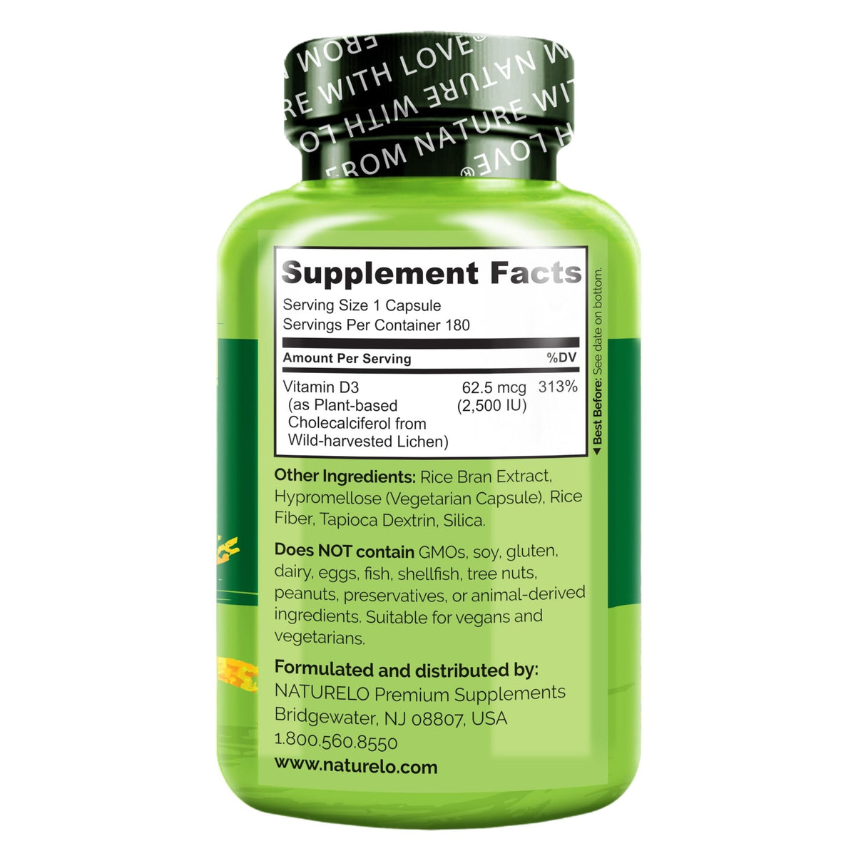 NATURELO Vitamin D - 2500 IU - Plant Based from Lichen - Natural D3 Supplement for Immune System, Bone Support, Joint Health - Vegan - FENGGESTORE20