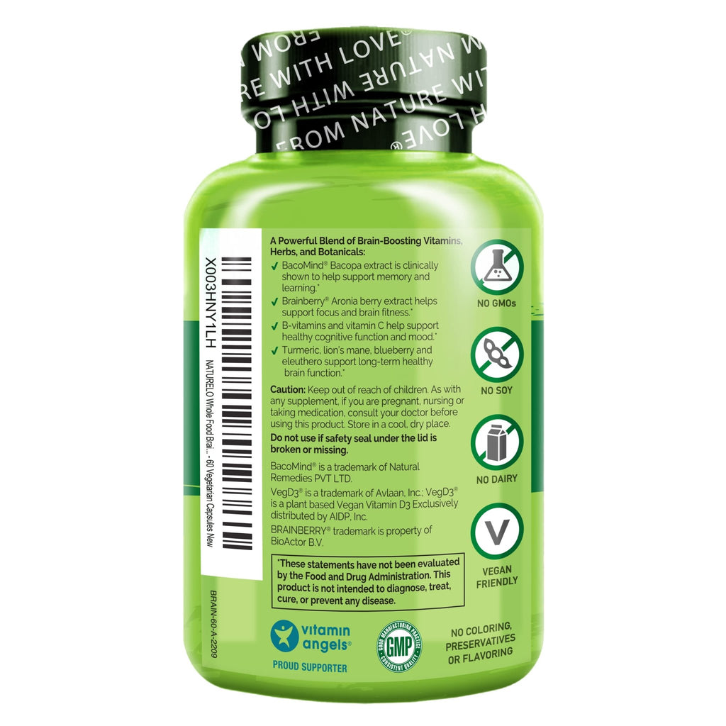 NATURELO Whole Food Brain Supplement - Brain Health Supplements for Memory & Focus Support - Enhance Brain Health Blend Supplement for Adults - 60 Vegetarian Capsules - FENGGESTORE20