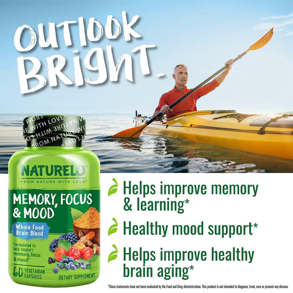 NATURELO Whole Food Brain Supplement - Brain Health Supplements for Memory & Focus Support - Enhance Brain Health Blend Supplement for Adults - 60 Vegetarian Capsules - FENGGESTORE20