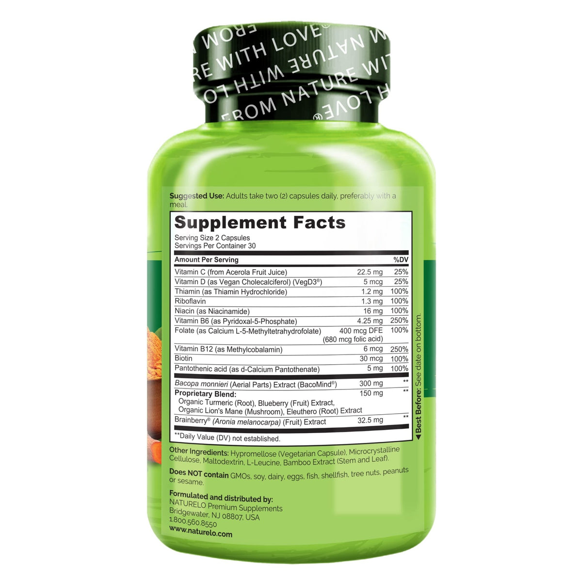 NATURELO Whole Food Brain Supplement - Brain Health Supplements for Memory & Focus Support - Enhance Brain Health Blend Supplement for Adults - 60 Vegetarian Capsules - FENGGESTORE20