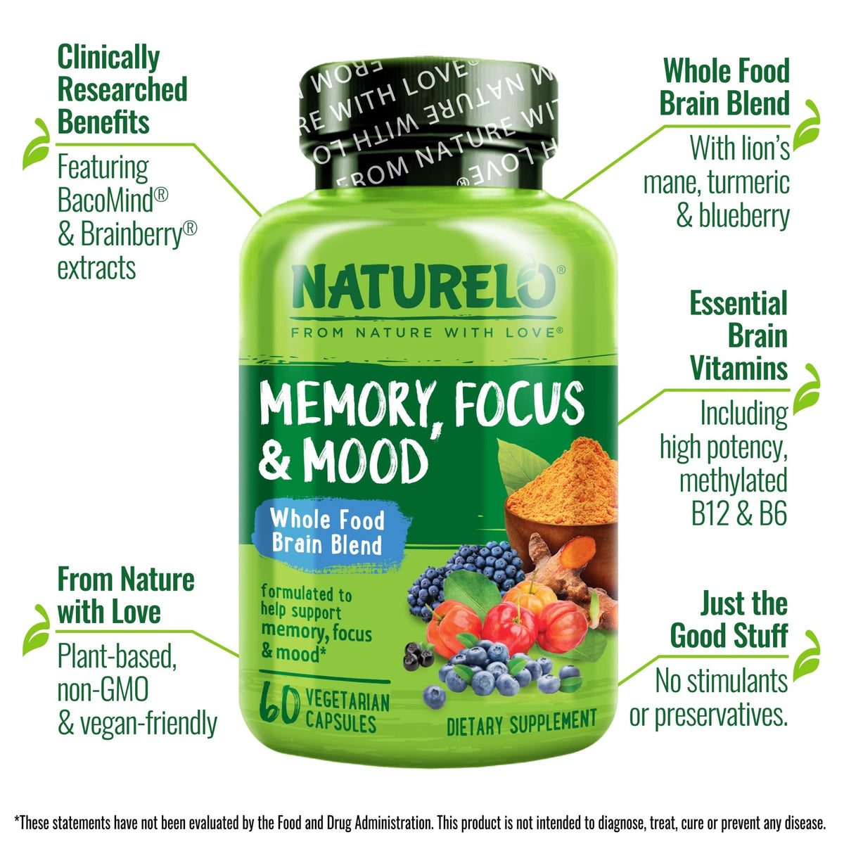 NATURELO Whole Food Brain Supplement - Brain Health Supplements for Memory & Focus Support - Enhance Brain Health Blend Supplement for Adults - 60 Vegetarian Capsules - FENGGESTORE20