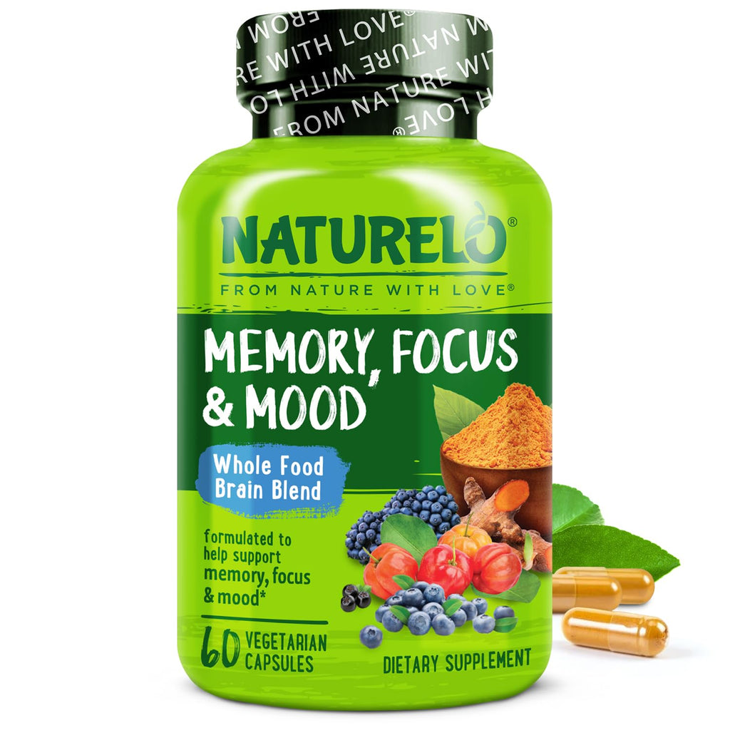 NATURELO Whole Food Brain Supplement - Brain Health Supplements for Memory & Focus Support - Enhance Brain Health Blend Supplement for Adults - 60 Vegetarian Capsules - FENGGESTORE20
