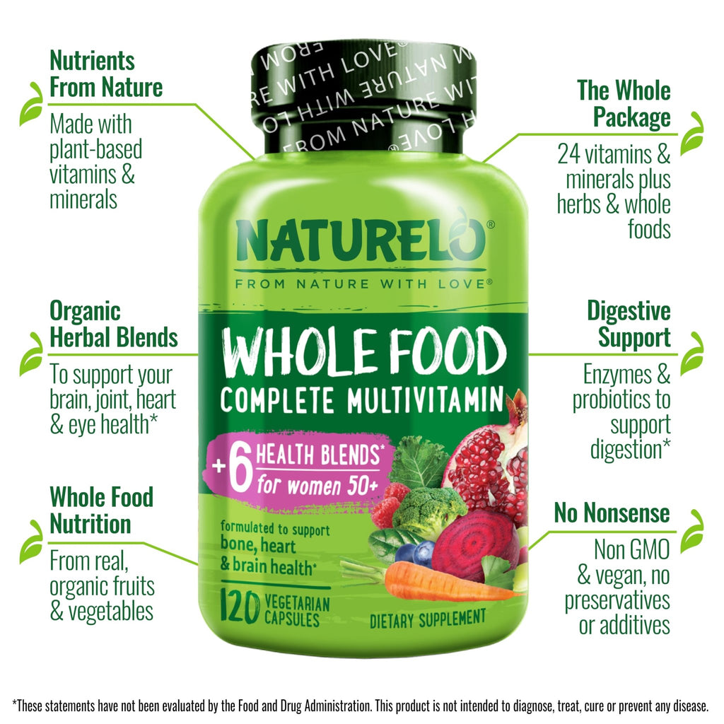 NATURELO Whole Food Multivitamin for Women 50+ (Iron Free) with Vitamins, Minerals, & Organic Extracts - Supplement for Post Menopausal Women Over 50 - FENGGESTORE20
