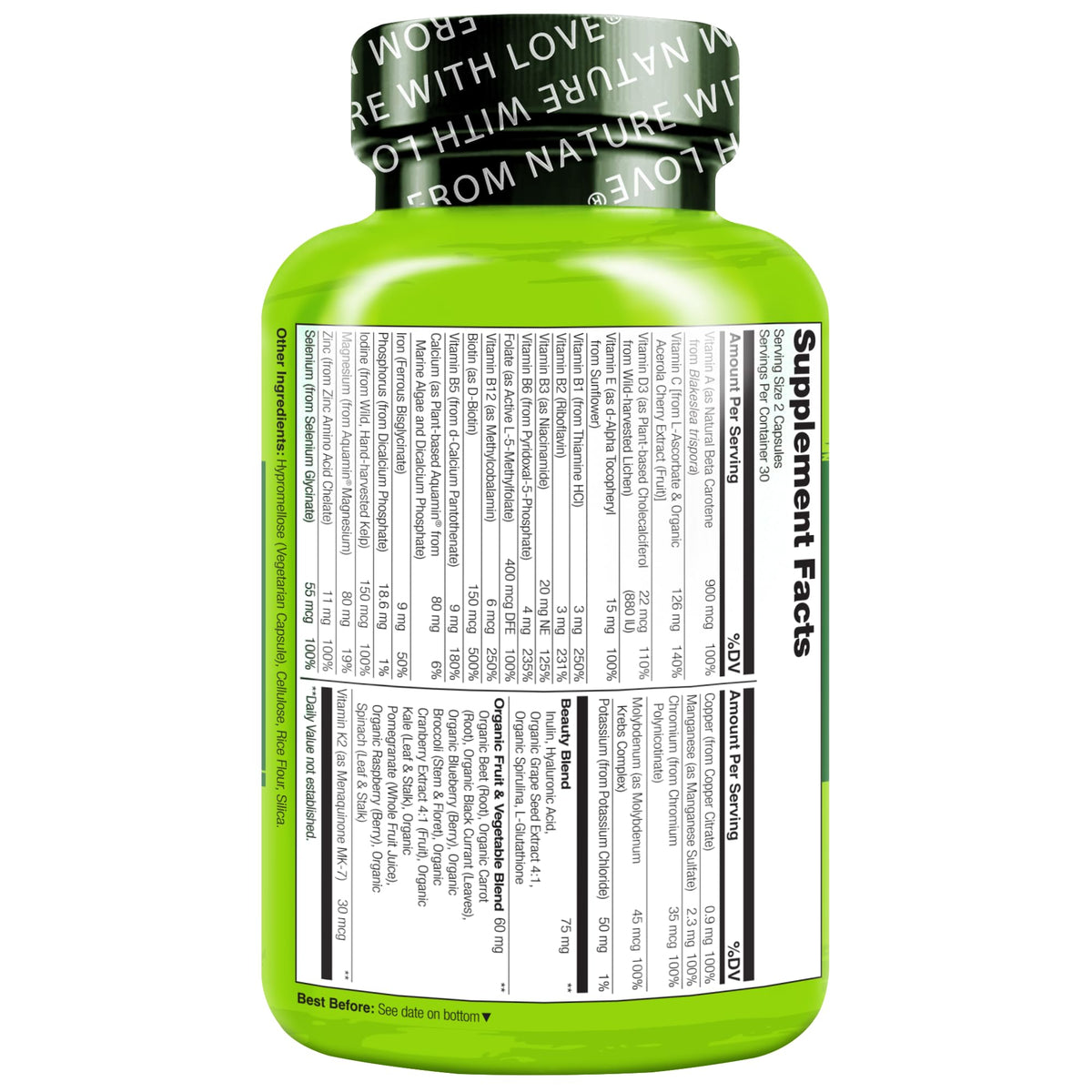 NATURELO Whole Food Multivitamin with Extra Hair, Skin and Nails Support - Beauty Blend with Hyaluronic Acid & Grape Seed - High Potency Biotin, Vitamin C - FENGGESTORE20