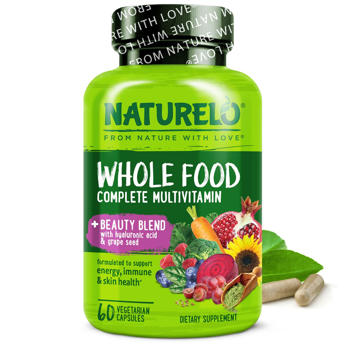 NATURELO Whole Food Multivitamin with Extra Hair, Skin and Nails Support - Beauty Blend with Hyaluronic Acid & Grape Seed - High Potency Biotin, Vitamin C - FENGGESTORE20