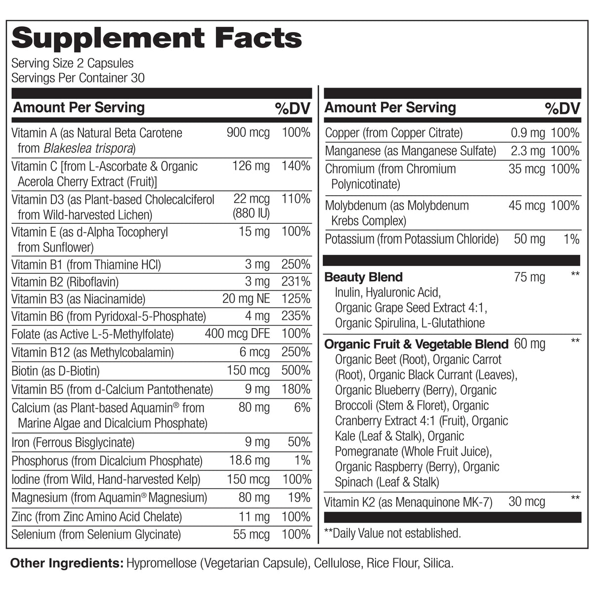 NATURELO Whole Food Multivitamin with Extra Hair, Skin and Nails Support - Beauty Blend with Hyaluronic Acid & Grape Seed - High Potency Biotin, Vitamin C - FENGGESTORE20