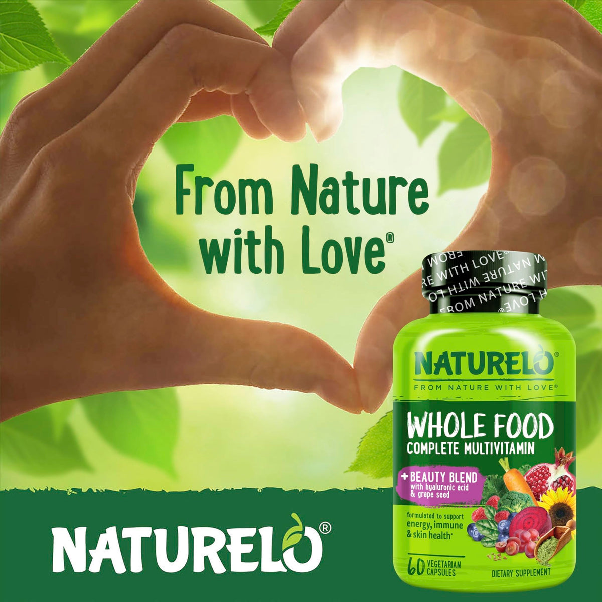 NATURELO Whole Food Multivitamin with Extra Hair, Skin and Nails Support - Beauty Blend with Hyaluronic Acid & Grape Seed - High Potency Biotin, Vitamin C - FENGGESTORE20