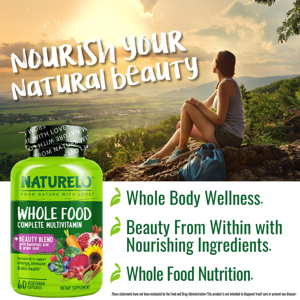 NATURELO Whole Food Multivitamin with Extra Hair, Skin and Nails Support - Beauty Blend with Hyaluronic Acid & Grape Seed - High Potency Biotin, Vitamin C - FENGGESTORE20