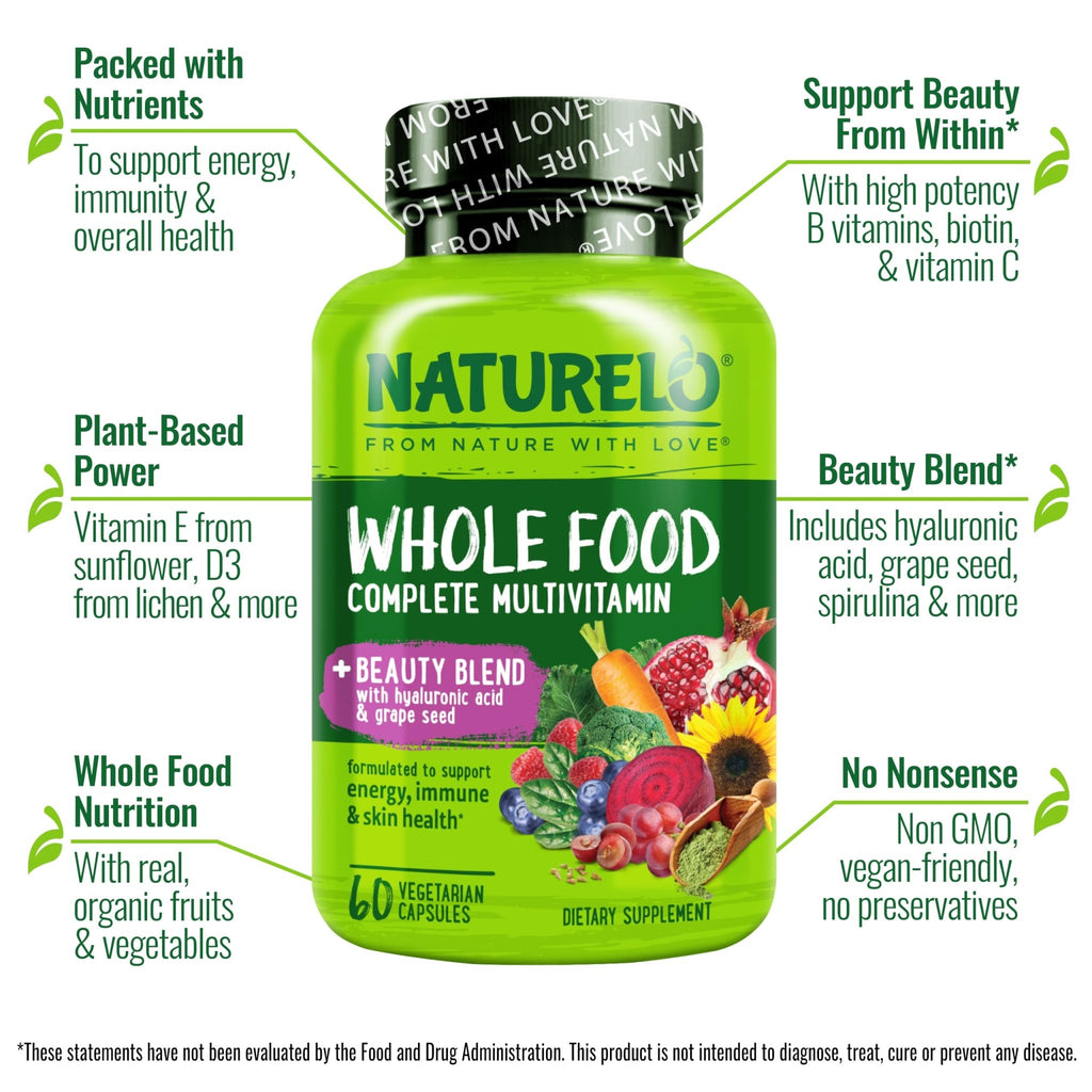 NATURELO Whole Food Multivitamin with Extra Hair, Skin and Nails Support - Beauty Blend with Hyaluronic Acid & Grape Seed - High Potency Biotin, Vitamin C - FENGGESTORE20