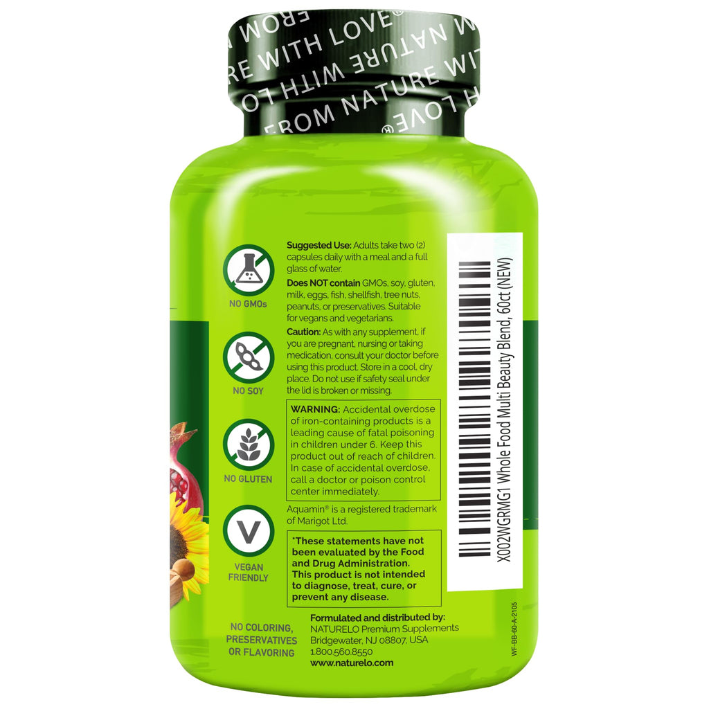 NATURELO Whole Food Multivitamin with Extra Hair, Skin and Nails Support - Beauty Blend with Hyaluronic Acid & Grape Seed - High Potency Biotin, Vitamin C - FENGGESTORE20