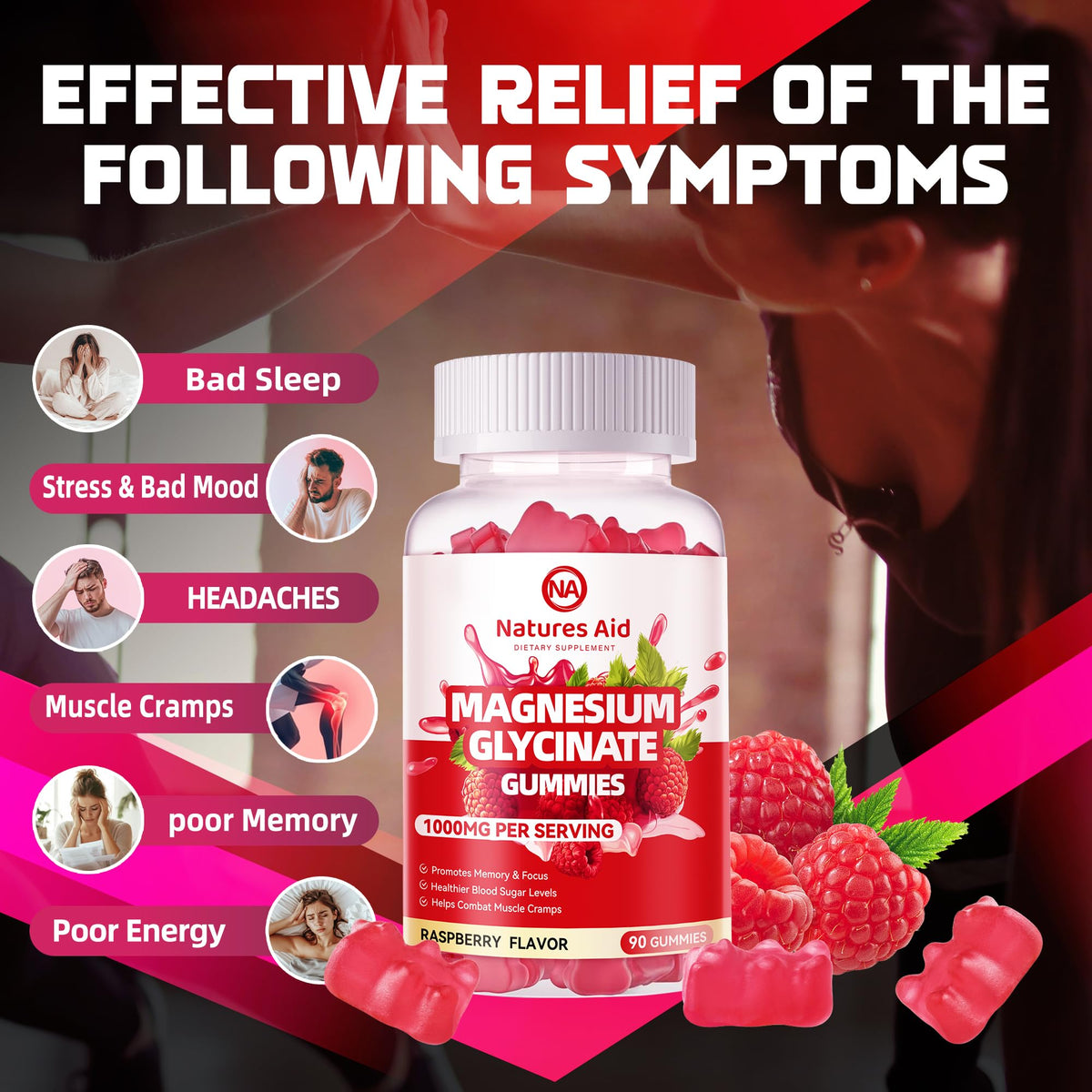 Natures Aid Magnesium Glycinate Gummies 1000mg - Sugar Free Magnesium Potassium Supplement with Vitamin D, B6, CoQ10 for Calm Mood - FENGGESTORE20