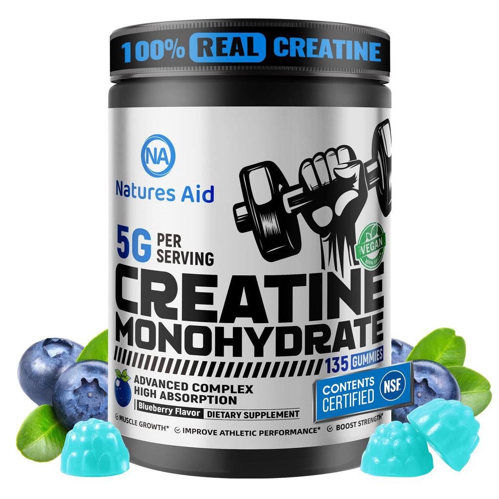 Natures Aid NSF Certified Creatine Gummy 5g - Creatine Monohydrate Gummies – Pre-Workout Energy & Muscle Growth Support for Men & Women - FENGGESTORE20
