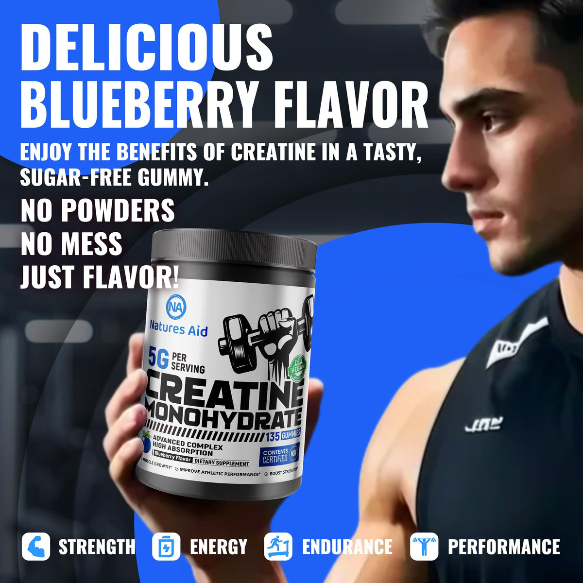 Natures Aid NSF Certified Creatine Gummy 5g - Creatine Monohydrate Gummies – Pre-Workout Energy & Muscle Growth Support for Men & Women - FENGGESTORE20