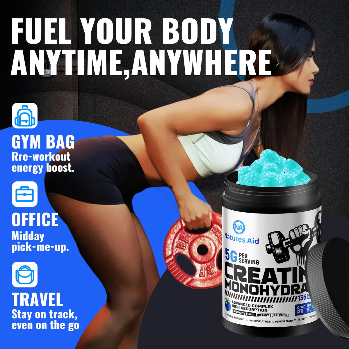 Natures Aid NSF Certified Creatine Gummy 5g - Creatine Monohydrate Gummies – Pre-Workout Energy & Muscle Growth Support for Men & Women - FENGGESTORE20