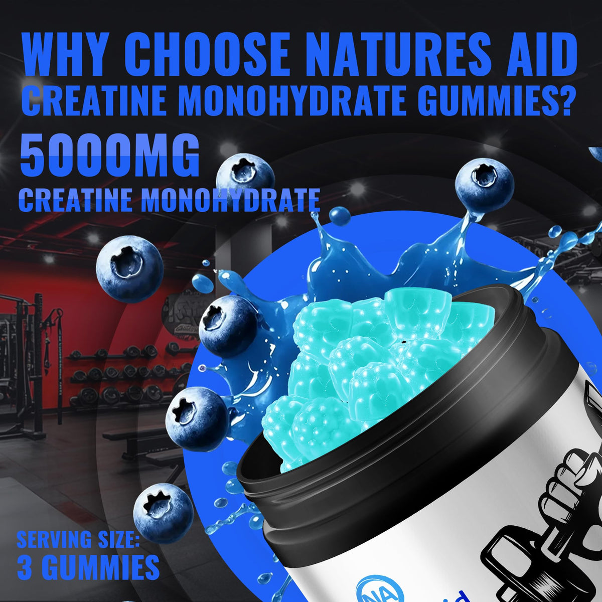 Natures Aid NSF Certified Creatine Gummy 5g - Creatine Monohydrate Gummies – Pre-Workout Energy & Muscle Growth Support for Men & Women - FENGGESTORE20