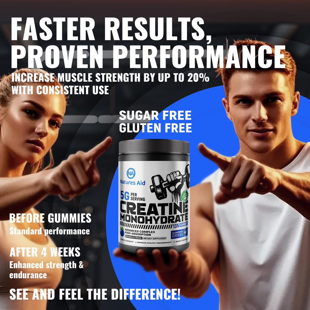 Natures Aid NSF Certified Creatine Gummy 5g - Creatine Monohydrate Gummies – Pre-Workout Energy & Muscle Growth Support for Men & Women - FENGGESTORE20