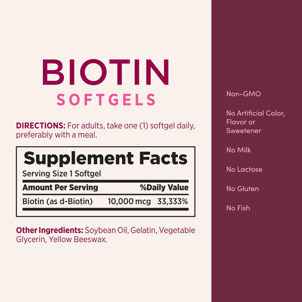 Nature's Bounty Biotin 10000mcg Supplement, Supports Healthy Hair, Skin and Nails, Optimal Solutions Hair Vitamin with Biotin - FENGGESTORE20
