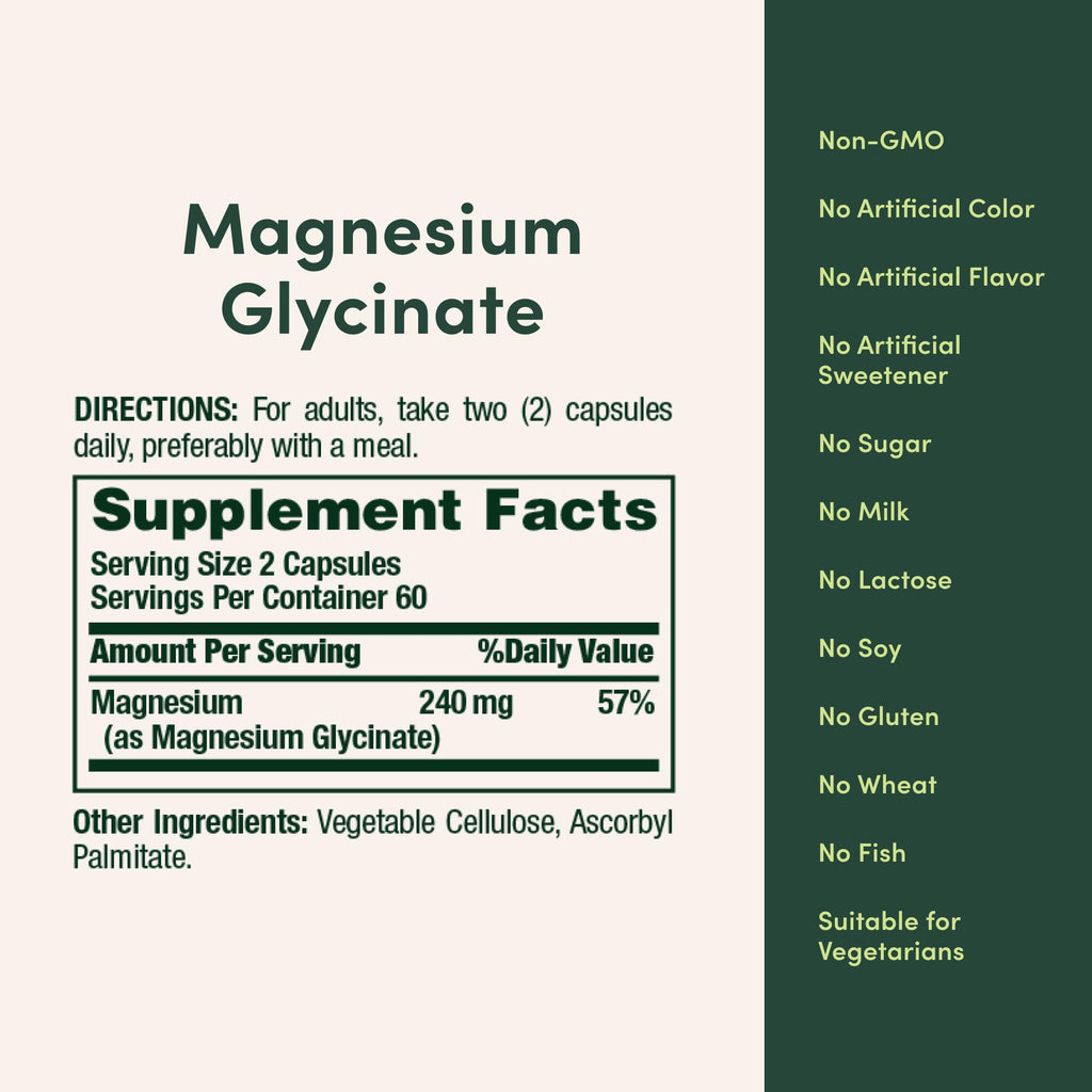 Nature’s Bounty High Absorption Magnesium Glycinate 240 mg for Supporting Muscle Relaxation and Bone, Heart & Nerve Health – Non-GMO, Gluten-Free, Vegetarian, 120 Count/60 Servings - FENGGESTORE20