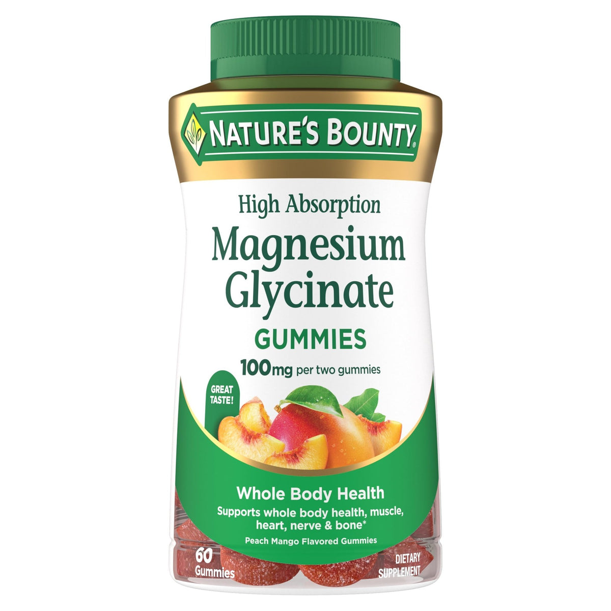 Nature’s Bounty High Absorption Magnesium Glycinate Gummies, 100 mg Magnesium Per Serving, Whole Body Health, No Stick Gummy, Peach Mango Flavor - FENGGESTORE20