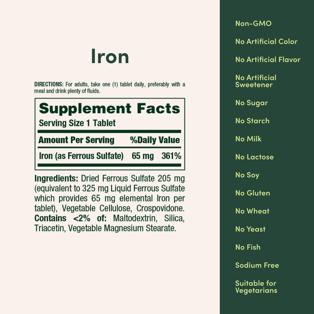Nature’s Bounty Iron 65mg, 325 mg Ferrous Sulfate, Cellular Energy Support, Promotes Normal Red Blood Cell Production - FENGGESTORE20