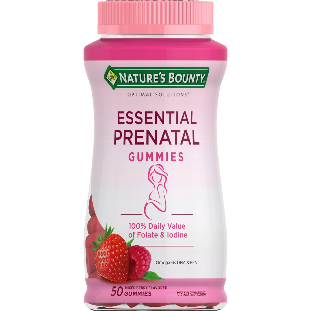 Nature's Bounty Optimal Solutions Essential Prenatal Gummies, Folic Acid and Iodine, Omega 3 and DHA, 50 Count - FENGGESTORE20