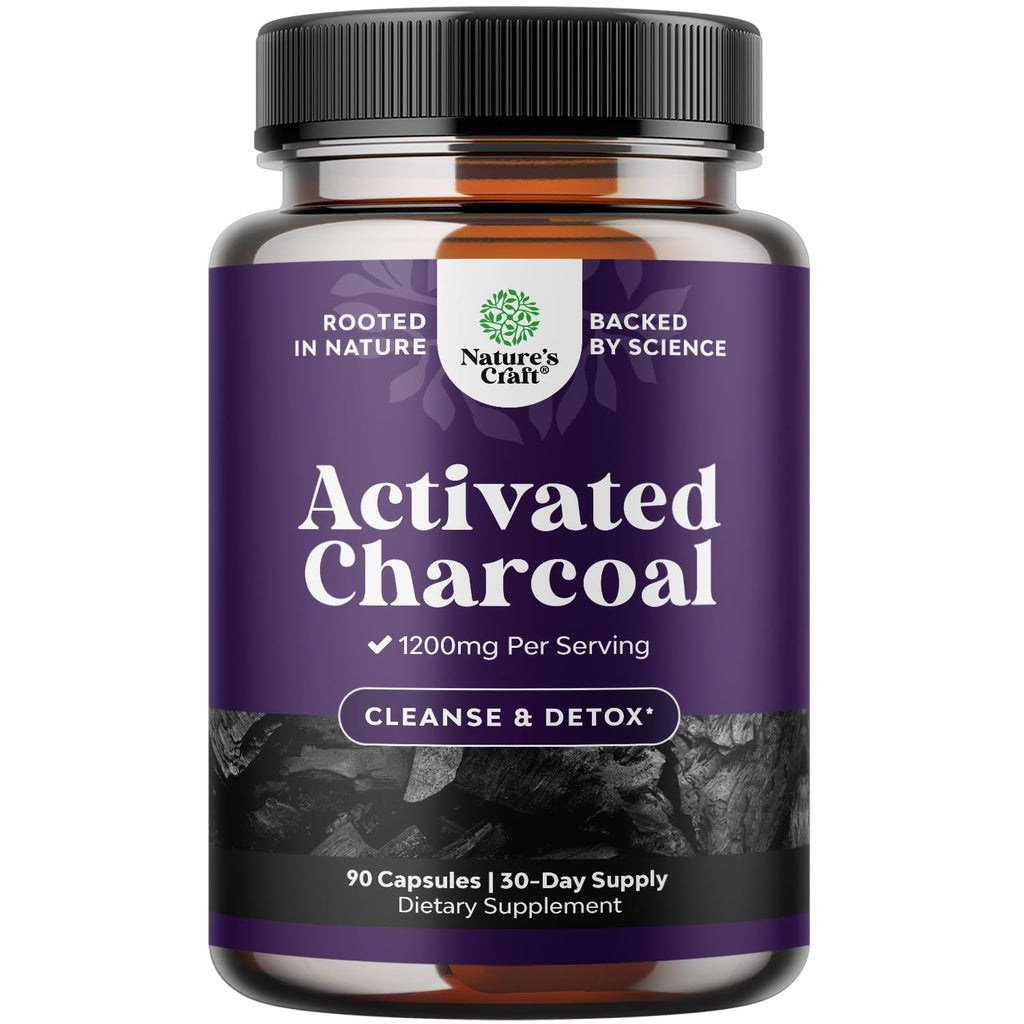Natures Craft Activated Charcoal Pills Detox & Cleanse - Purifying Coconut Capsules with 1200 mg Per Serving for Bloating Relief - FENGGESTORE20