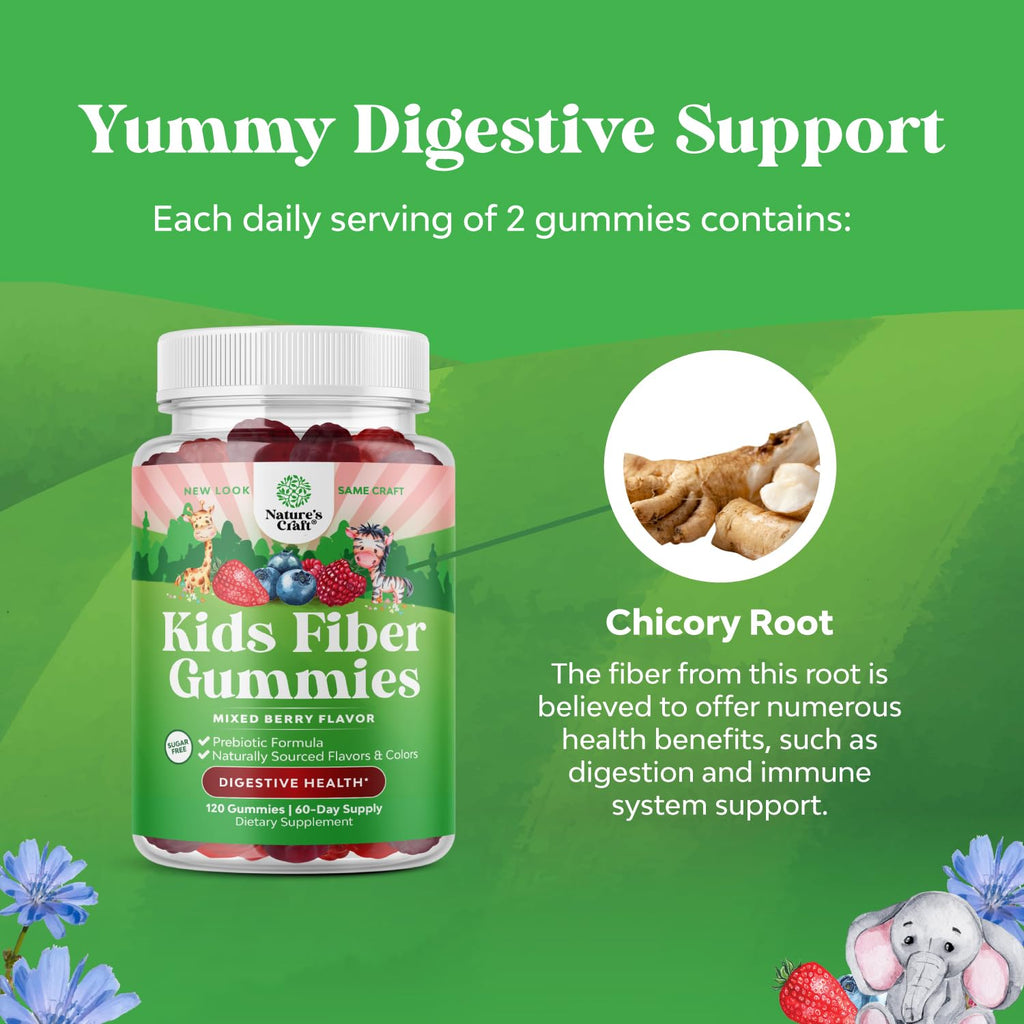 Natures Craft High Prebiotic Fiber Gummies for Kids - Dietary Fiber Supplements for Digestion & Constipation - Chicory Root Kids Immune Gummies - Non-GMO - FENGGESTORE20
