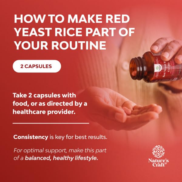 Natures Craft Red Yeast Rice with CoQ10 Supplement - Advanced Healthy Heart & Healthy Cholesterol Levels Formula for Men & Women - Red Yeast Rice Capsules with 1200 mg - FENGGESTORE20