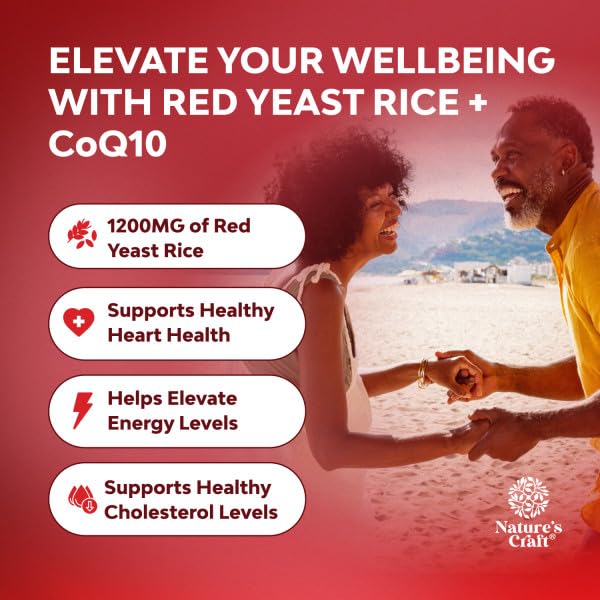 Natures Craft Red Yeast Rice with CoQ10 Supplement - Advanced Healthy Heart & Healthy Cholesterol Levels Formula for Men & Women - Red Yeast Rice Capsules with 1200 mg - FENGGESTORE20