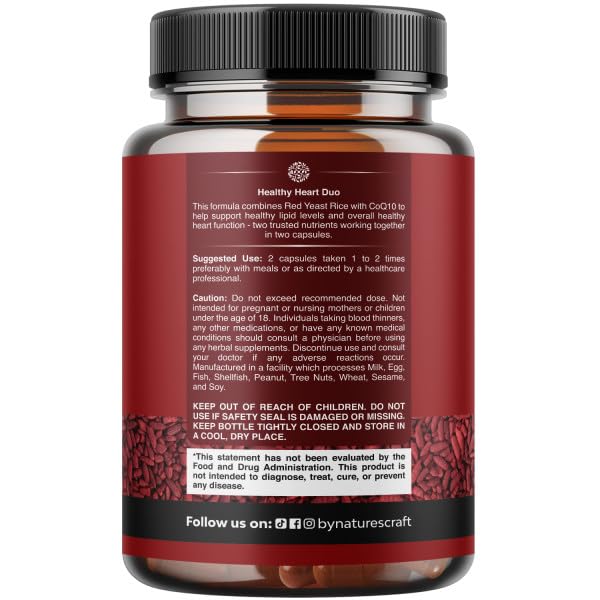 Natures Craft Red Yeast Rice with CoQ10 Supplement - Advanced Healthy Heart & Healthy Cholesterol Levels Formula for Men & Women - Red Yeast Rice Capsules with 1200 mg - FENGGESTORE20