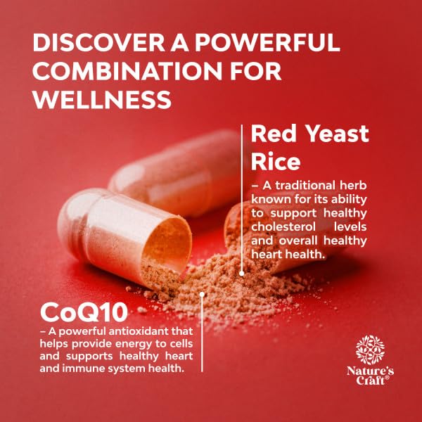 Natures Craft Red Yeast Rice with CoQ10 Supplement - Advanced Healthy Heart & Healthy Cholesterol Levels Formula for Men & Women - Red Yeast Rice Capsules with 1200 mg - FENGGESTORE20