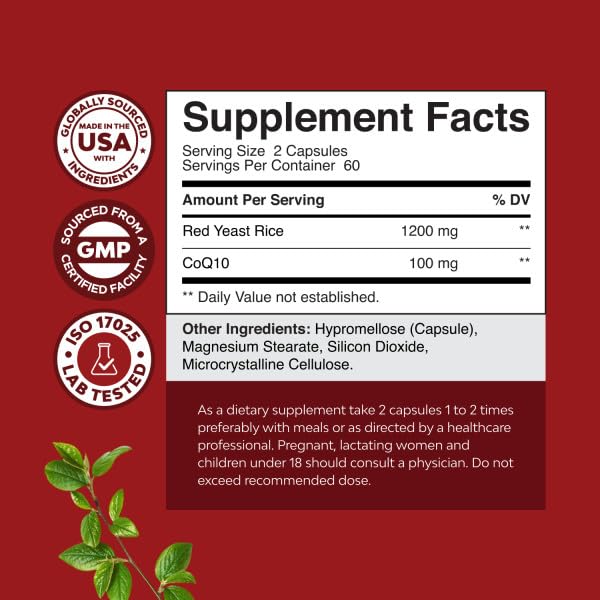 Natures Craft Red Yeast Rice with CoQ10 Supplement - Advanced Healthy Heart & Healthy Cholesterol Levels Formula for Men & Women - Red Yeast Rice Capsules with 1200 mg - FENGGESTORE20