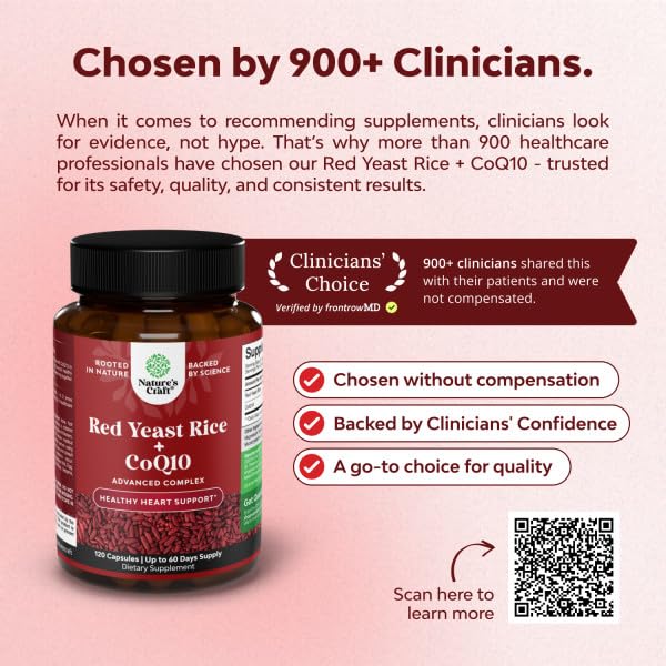 Natures Craft Red Yeast Rice with CoQ10 Supplement - Advanced Healthy Heart & Healthy Cholesterol Levels Formula for Men & Women - Red Yeast Rice Capsules with 1200 mg - FENGGESTORE20