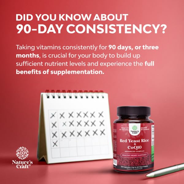 Natures Craft Red Yeast Rice with CoQ10 Supplement - Advanced Healthy Heart & Healthy Cholesterol Levels Formula for Men & Women - Red Yeast Rice Capsules with 1200 mg - FENGGESTORE20