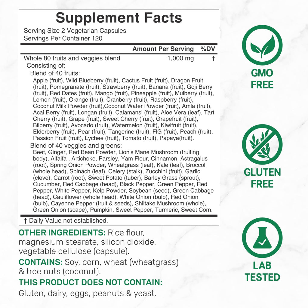 Nature’s Fruits & Veggies Supplement, 240 Veggie Capsules – 80 Whole Food Superfoods for Daily Balance – 40 Fruits with 40 Vegetables and Greens – Non-GMO, Gluten Free - FENGGESTORE20