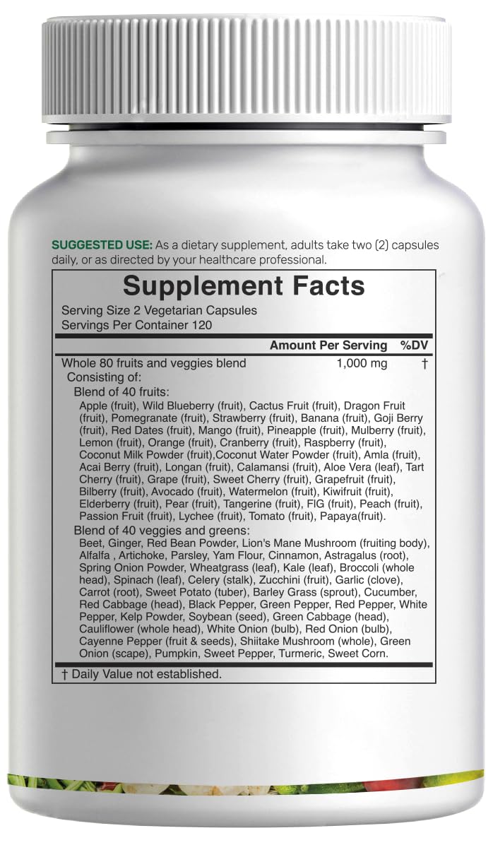Nature’s Fruits & Veggies Supplement, 240 Veggie Capsules – 80 Whole Food Superfoods for Daily Balance – 40 Fruits with 40 Vegetables and Greens – Non-GMO, Gluten Free - FENGGESTORE20
