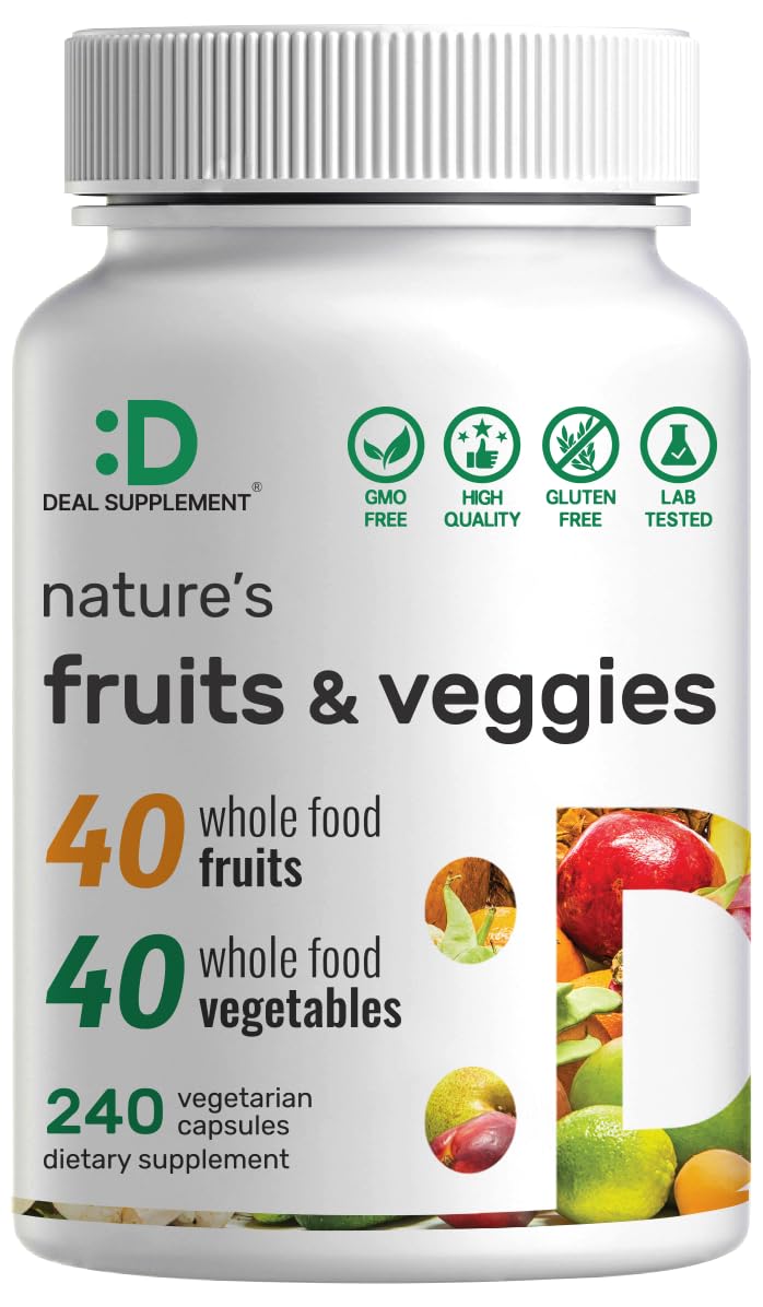 Nature’s Fruits & Veggies Supplement, 240 Veggie Capsules – 80 Whole Food Superfoods for Daily Balance – 40 Fruits with 40 Vegetables and Greens – Non-GMO, Gluten Free - FENGGESTORE20